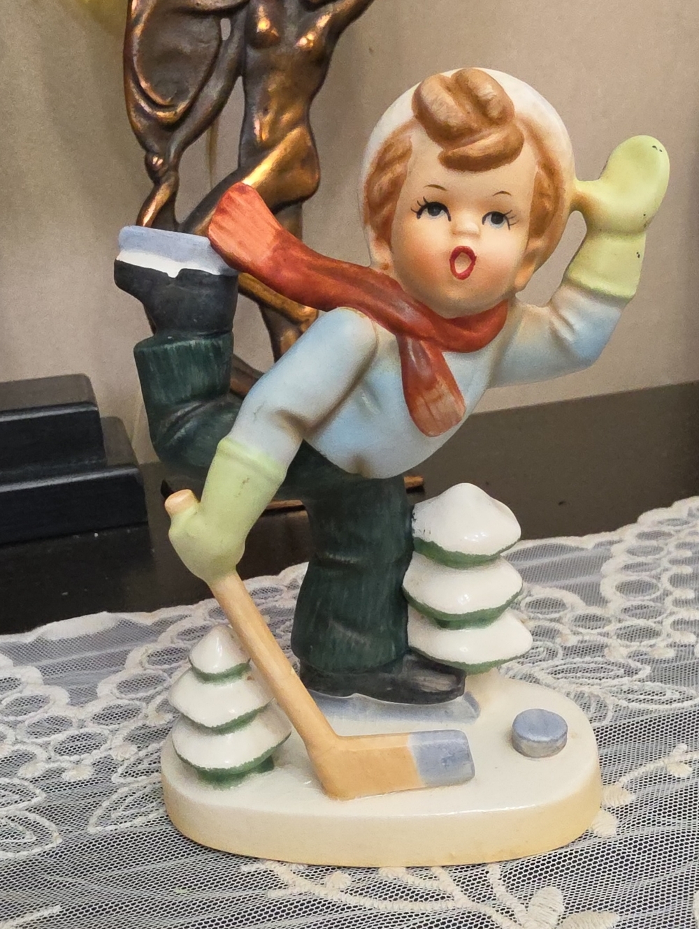 Vtg 1960 Boy Skater Cream and Green Ice Skater Figurine with Red Scarf Japan